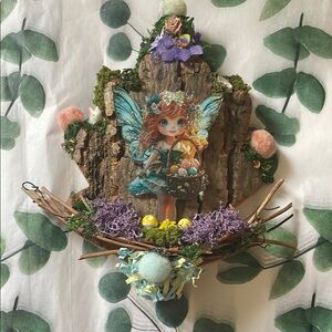 Fairy Wall Art with Blue Wings handcrafted moss flowers spring Easter